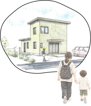 施設 そだちえ 外観と、施設に向かう親子のイラスト