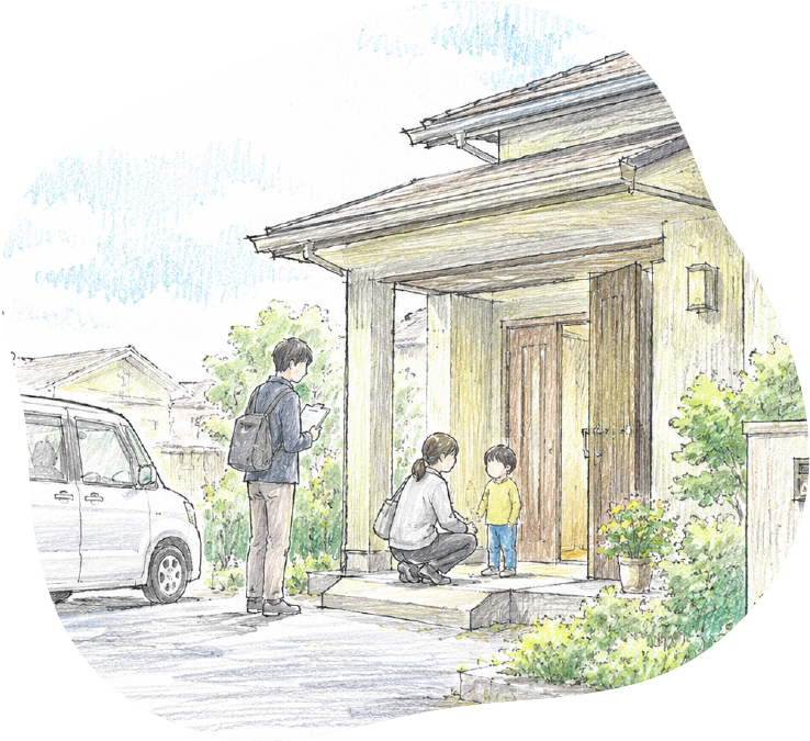 ご自宅を訪問する専門職員とお子さま、お母さまの様子